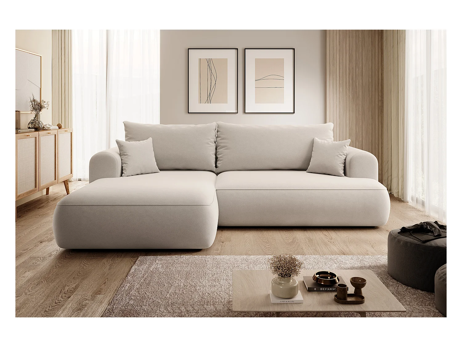 Canapé d'angle - 260 cm - avec fonction de couchage en forme de L - avec coffre - beige clair velours - côté gauche - OVO