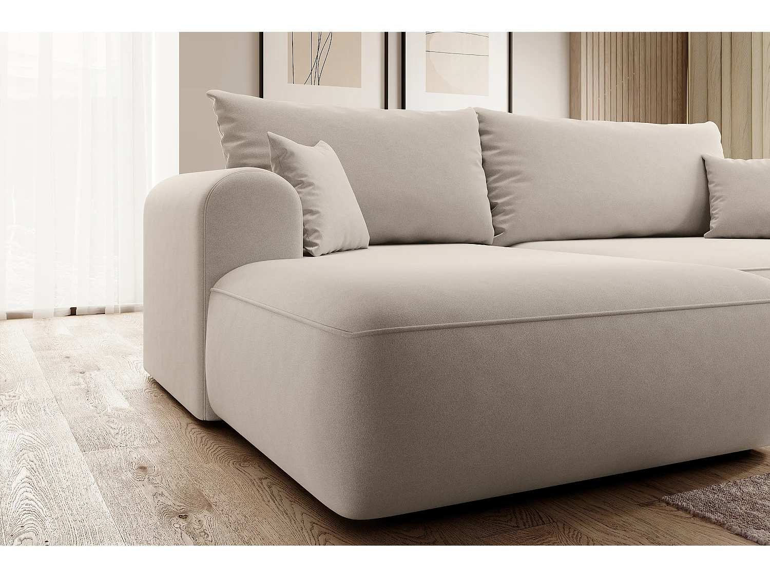 Ecksofa mit Schlaffunktion - Bettkasten - Ottomane links - Easy-Clean-Veloursbezug in Hellbeige - OVO