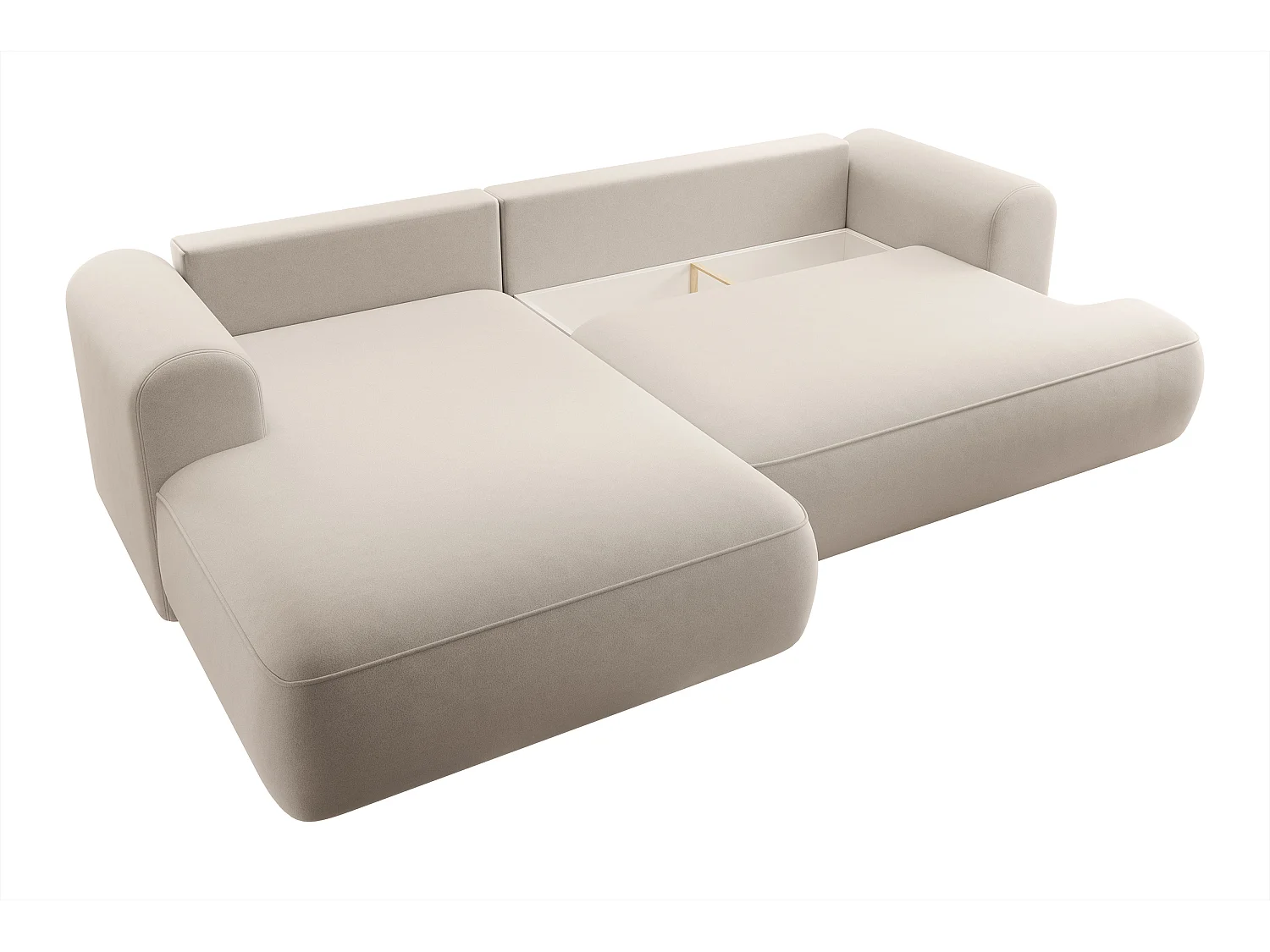 Ecksofa mit Schlaffunktion - Bettkasten - Ottomane links - Easy-Clean-Veloursbezug in Hellbeige - OVO