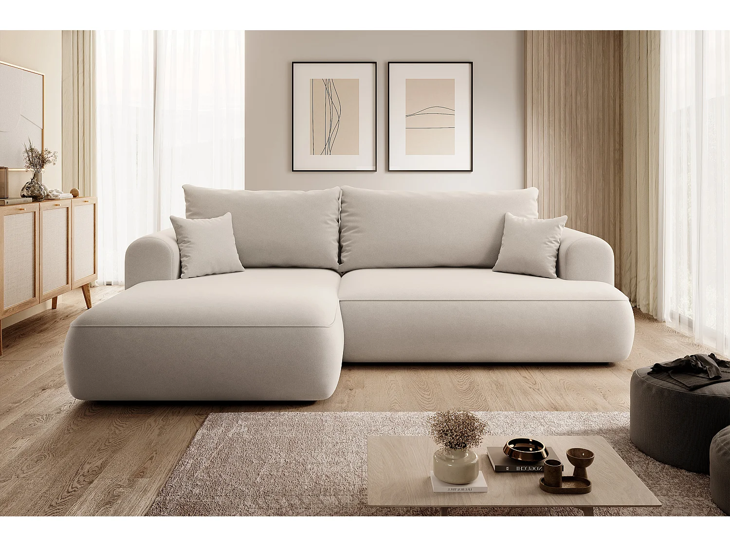 Canapé d'angle - 260 cm - avec fonction de couchage en forme de L - avec coffre - beige clair velours - côté gauche - OVO