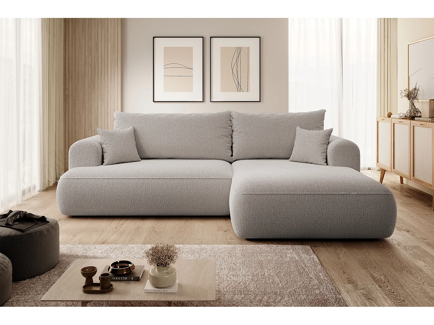 Canapé d'angle - 260 cm - avec fonction de couchage en forme de L - avec coffre - beige foncé boucle - côté droit - OVO
