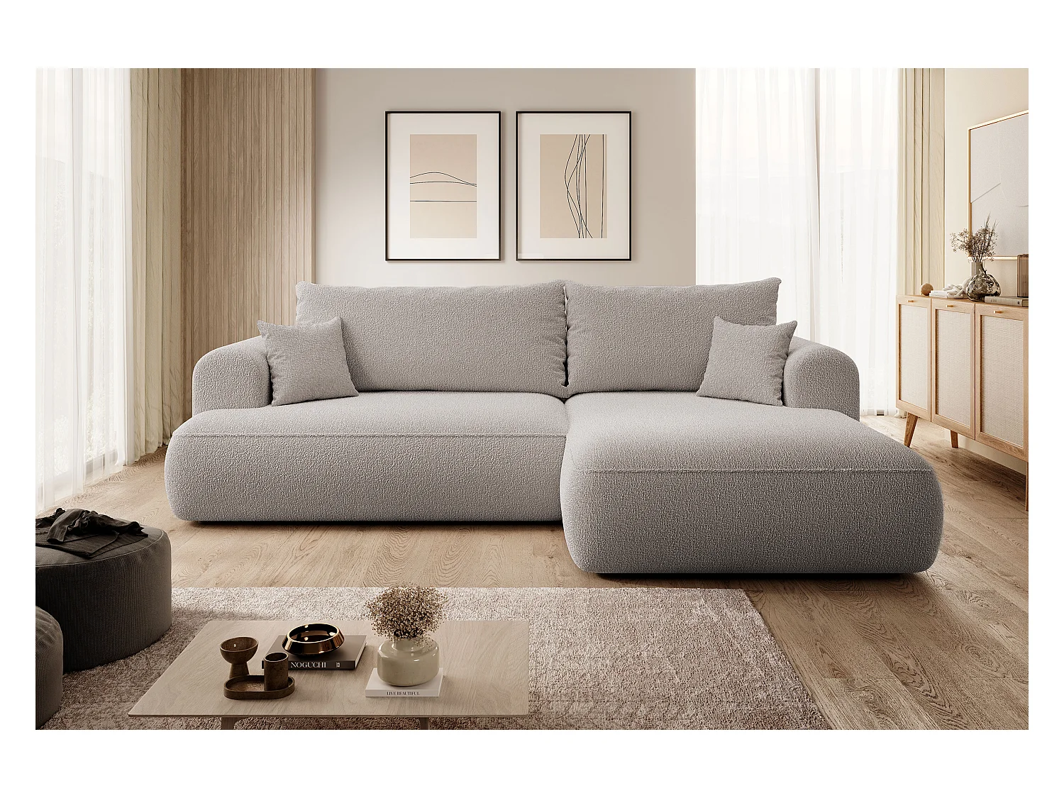 Canapé d'angle - 260 cm - avec fonction de couchage en forme de L - avec coffre - beige foncé boucle - côté droit - OVO