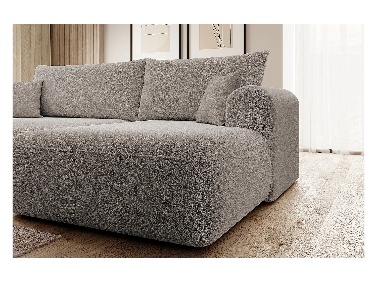 Canapé d'angle - 260 cm - avec fonction de couchage en forme de L - avec coffre - beige foncé boucle - côté droit - OVO
