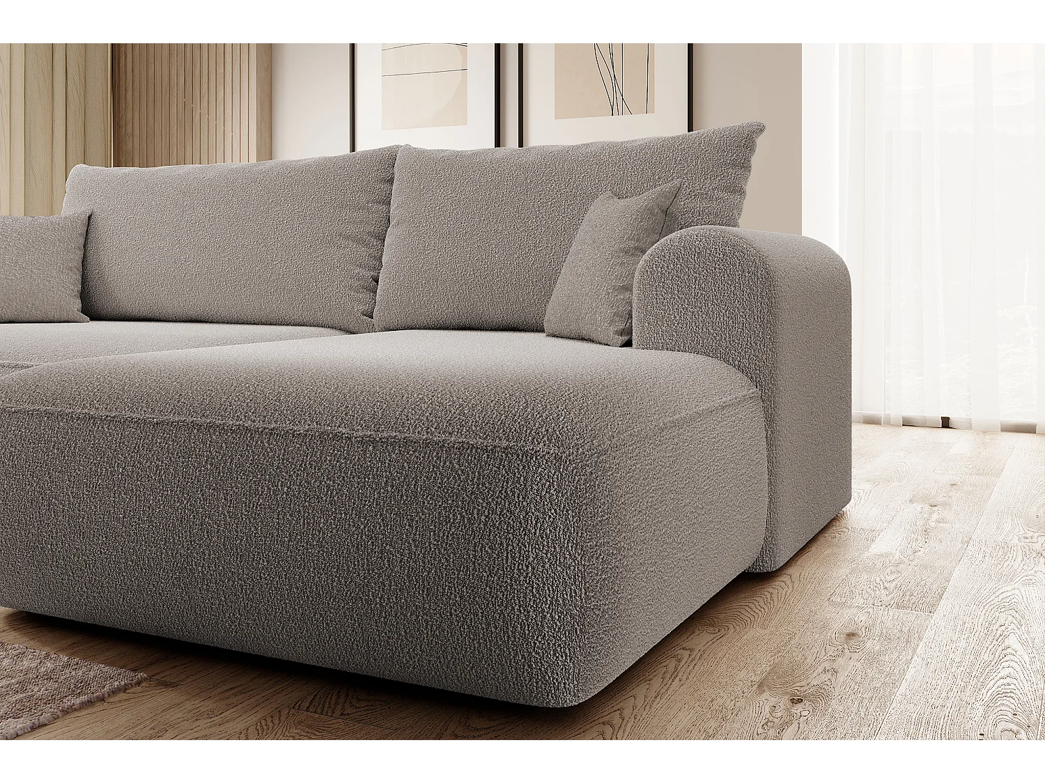 Ecksofa mit Schlaffunktion - Bettkasten - Ottomane rechts - Boucle-Bezug in Dunkelbeige - OVO