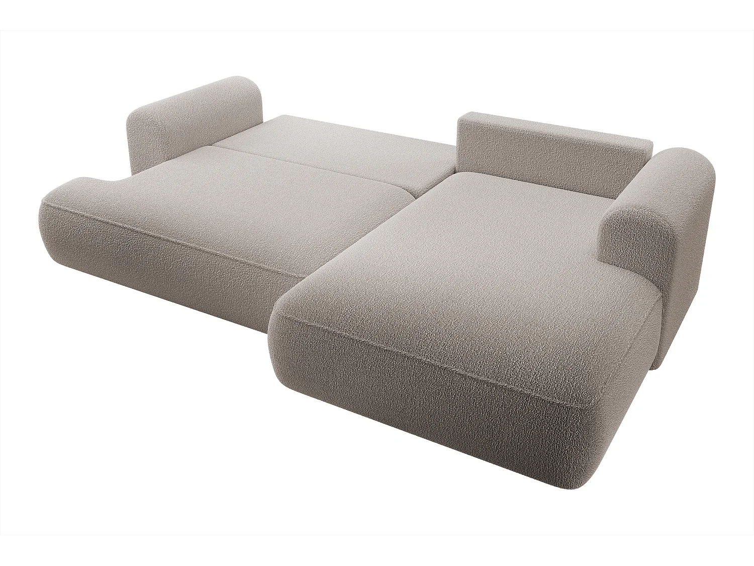 Ecksofa mit Schlaffunktion - Bettkasten - Ottomane rechts - Boucle-Bezug in Dunkelbeige - OVO