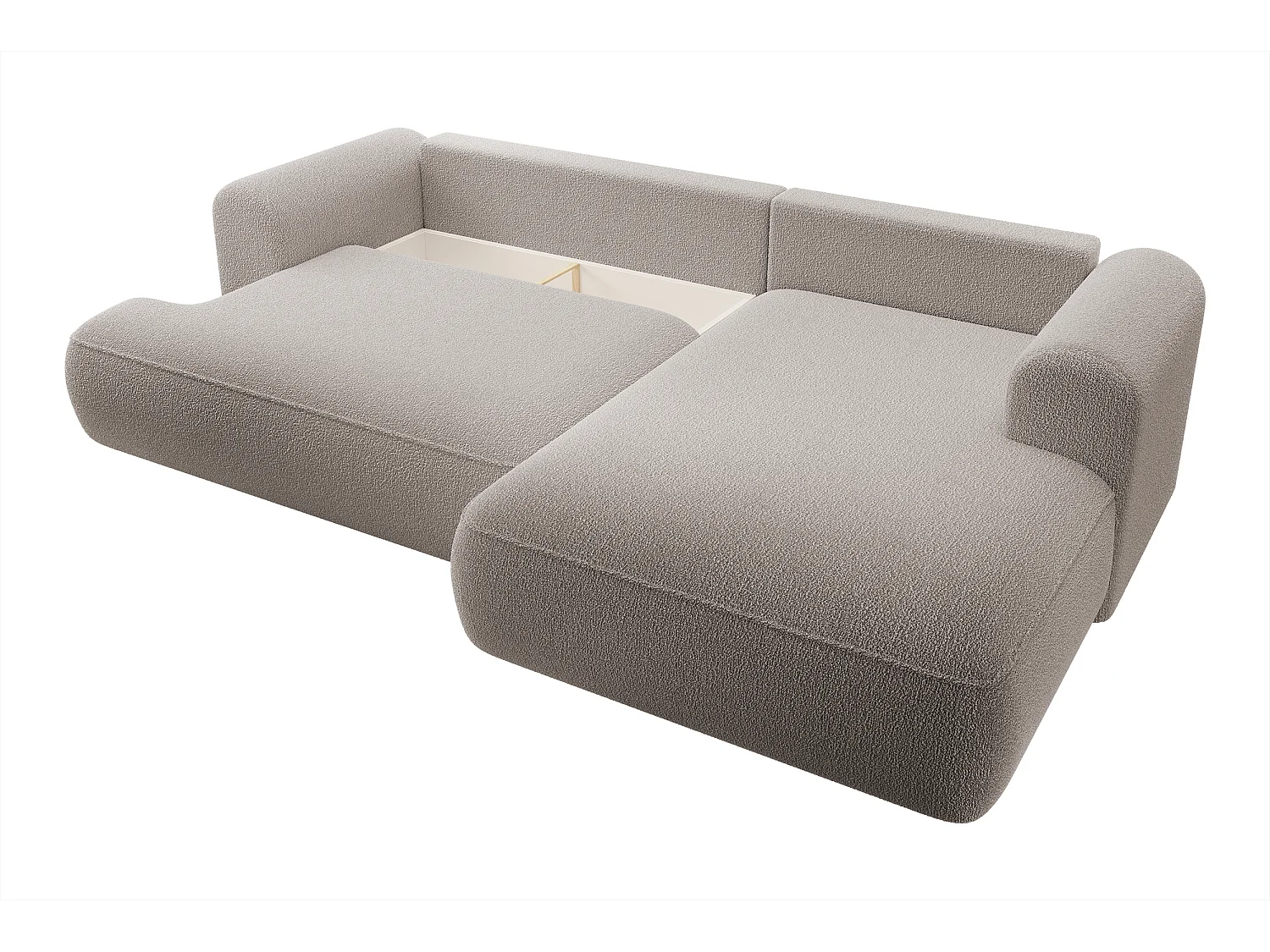 Ecksofa mit Schlaffunktion - Bettkasten - Ottomane rechts - Boucle-Bezug in Dunkelbeige - OVO