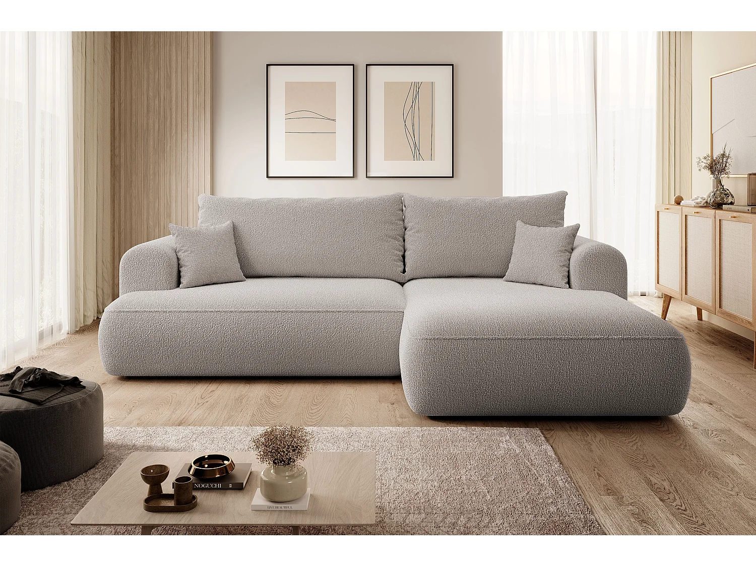 Canapé d'angle - 260 cm - avec fonction de couchage en forme de L - avec coffre - beige foncé boucle - côté droit - OVO