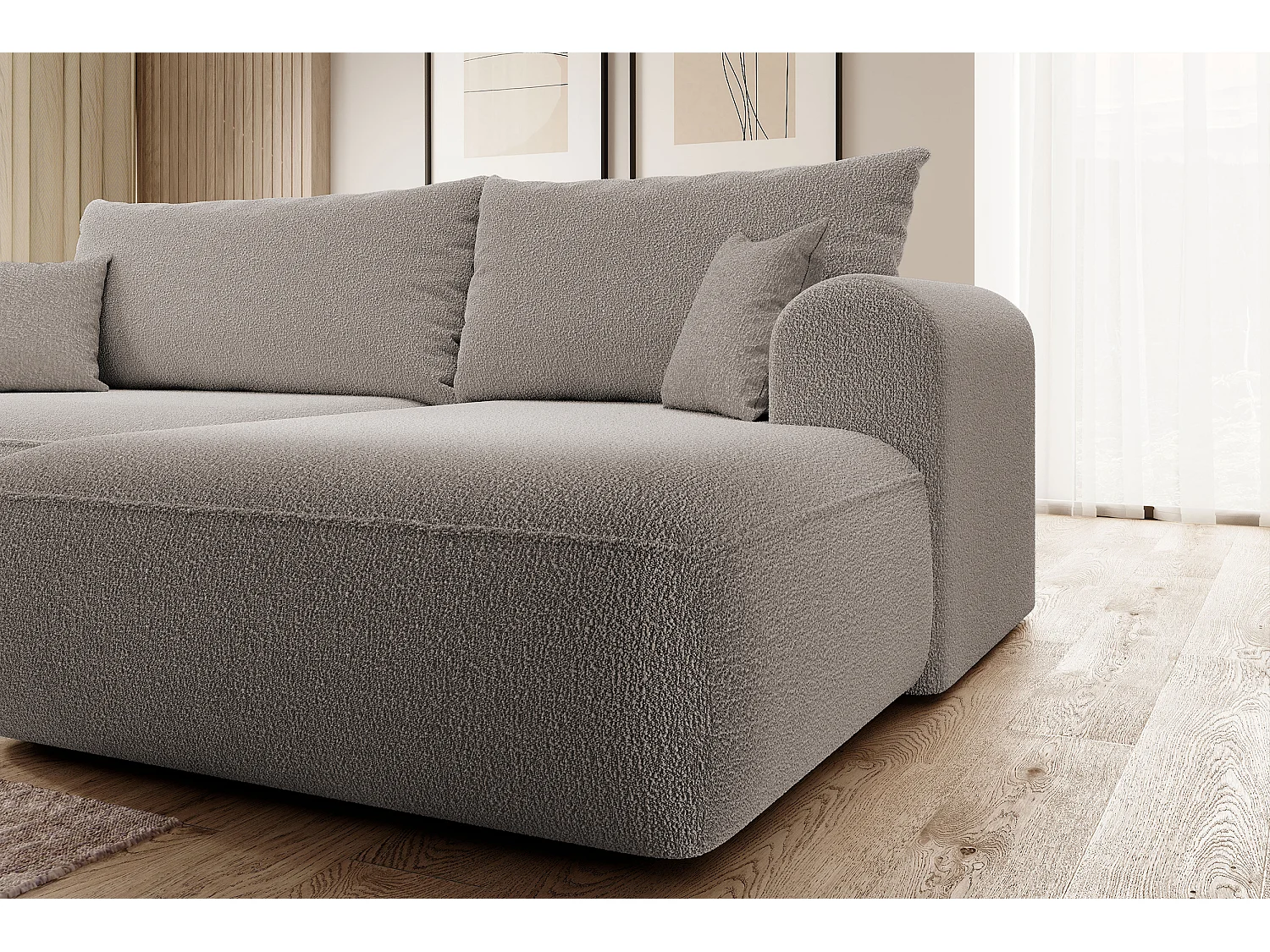 Canapé d'angle - 260 cm - avec fonction de couchage en forme de L - avec coffre - beige foncé boucle - côté droit - OVO