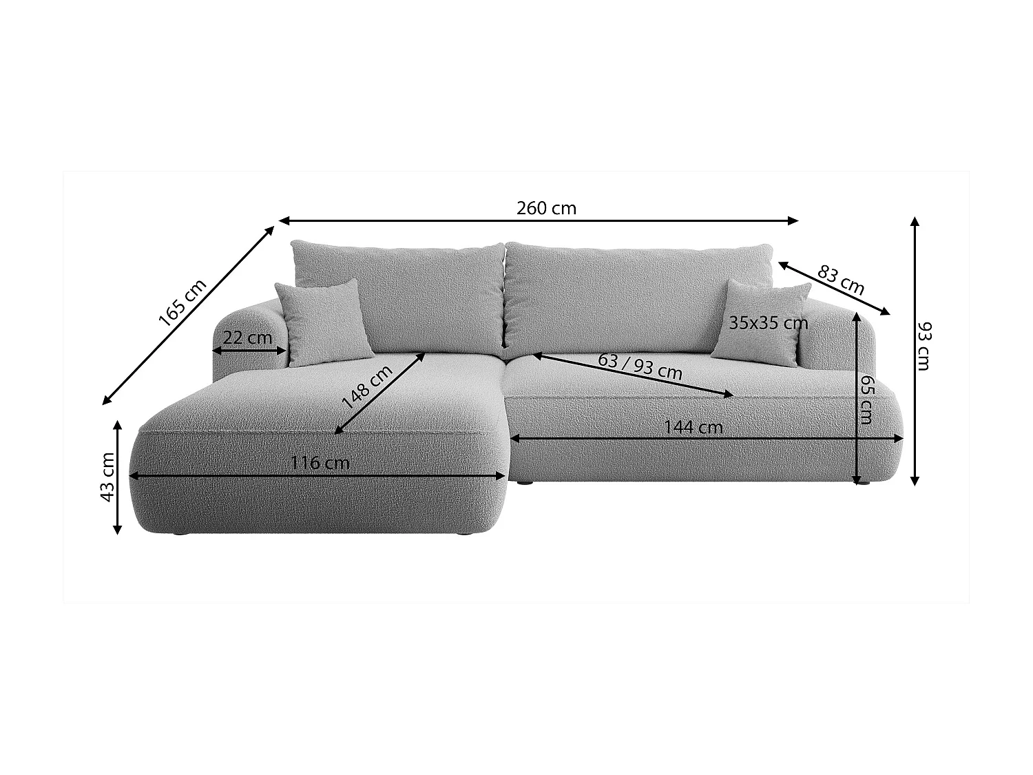 Canapé d'angle - 260 cm - avec fonction de couchage en forme de L - avec coffre - gris velours - côté gauche - OVO
