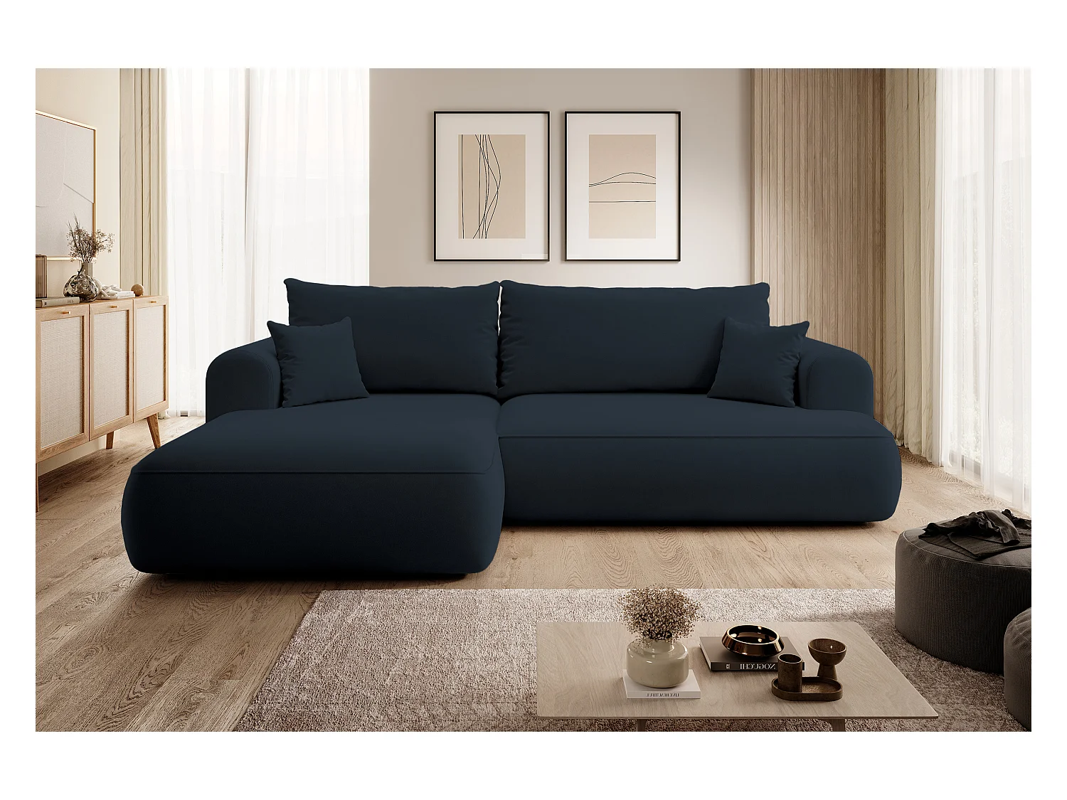 Canapé d'angle - 260 cm - avec fonction de couchage en forme de L - avec coffre - blue marin velours - côté gauche - OVO