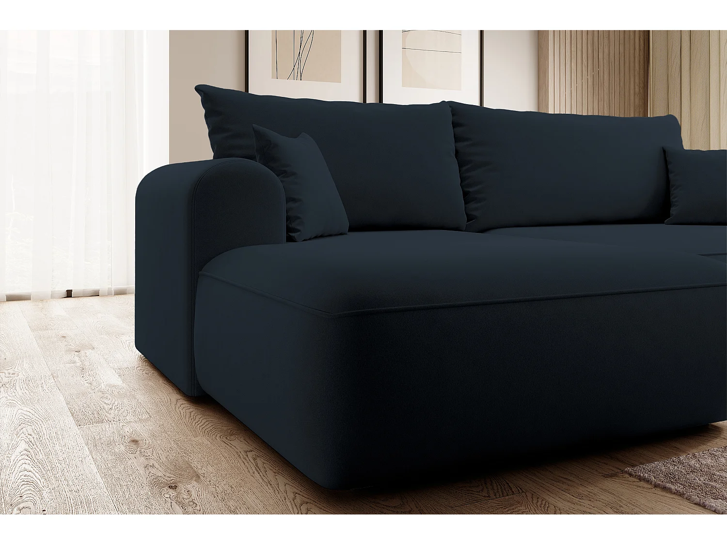 Ecksofa mit Schlaffunktion - Bettkasten - Ottomane links - Easy-Clean-Veloursbezug in Dunkelblau - OVO
