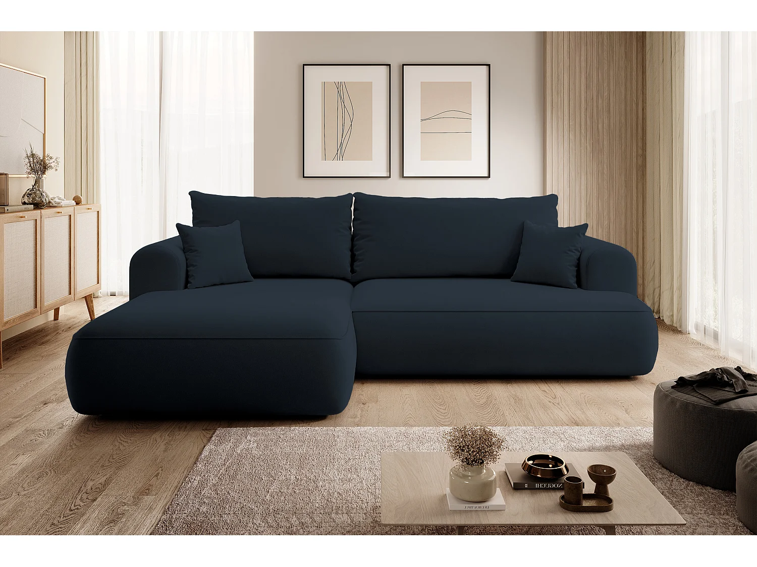 Canapé d'angle - 260 cm - avec fonction de couchage en forme de L - avec coffre - blue marin velours - côté gauche - OVO