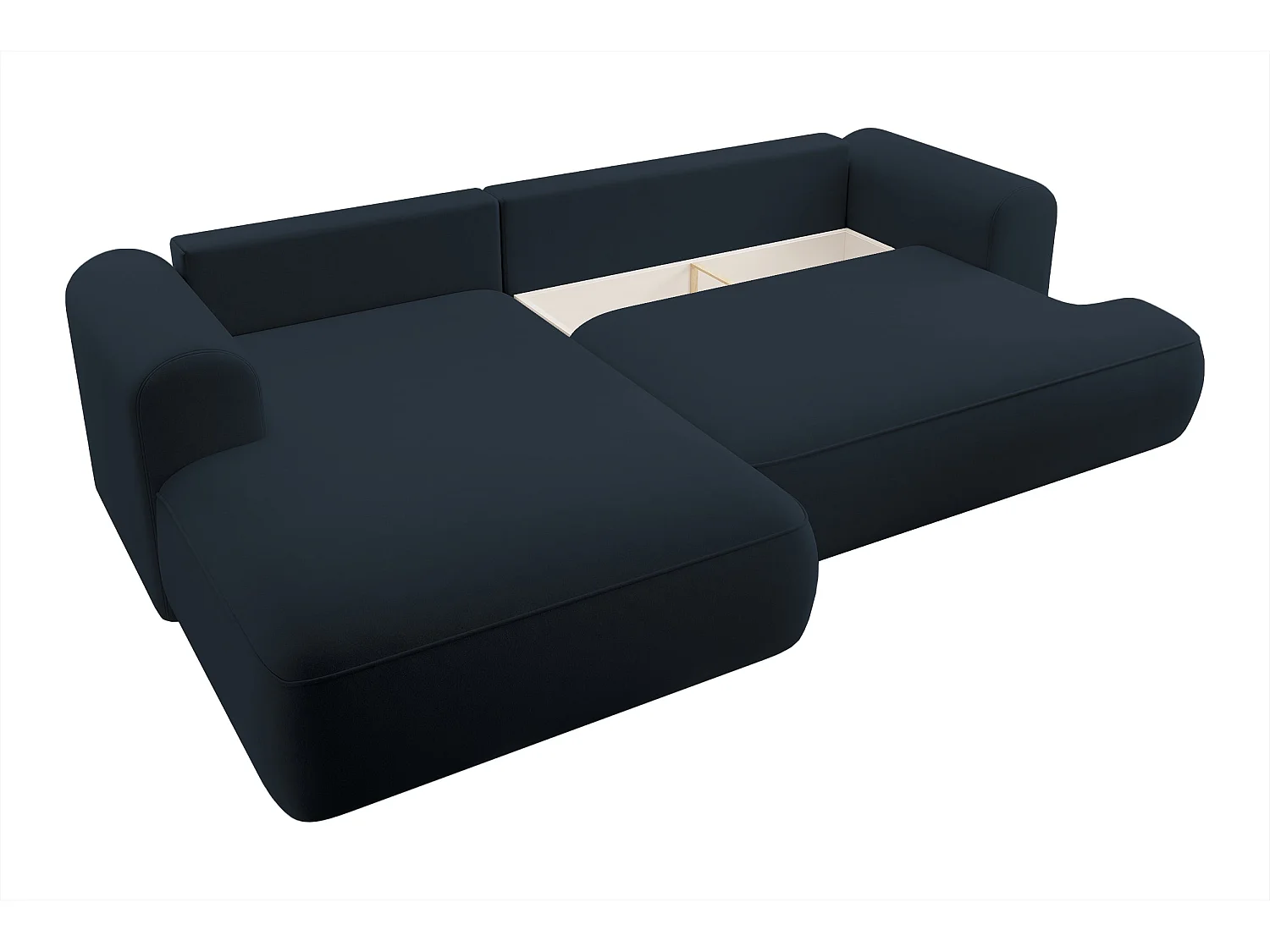 Ecksofa mit Schlaffunktion - Bettkasten - Ottomane links - Easy-Clean-Veloursbezug in Dunkelblau - OVO