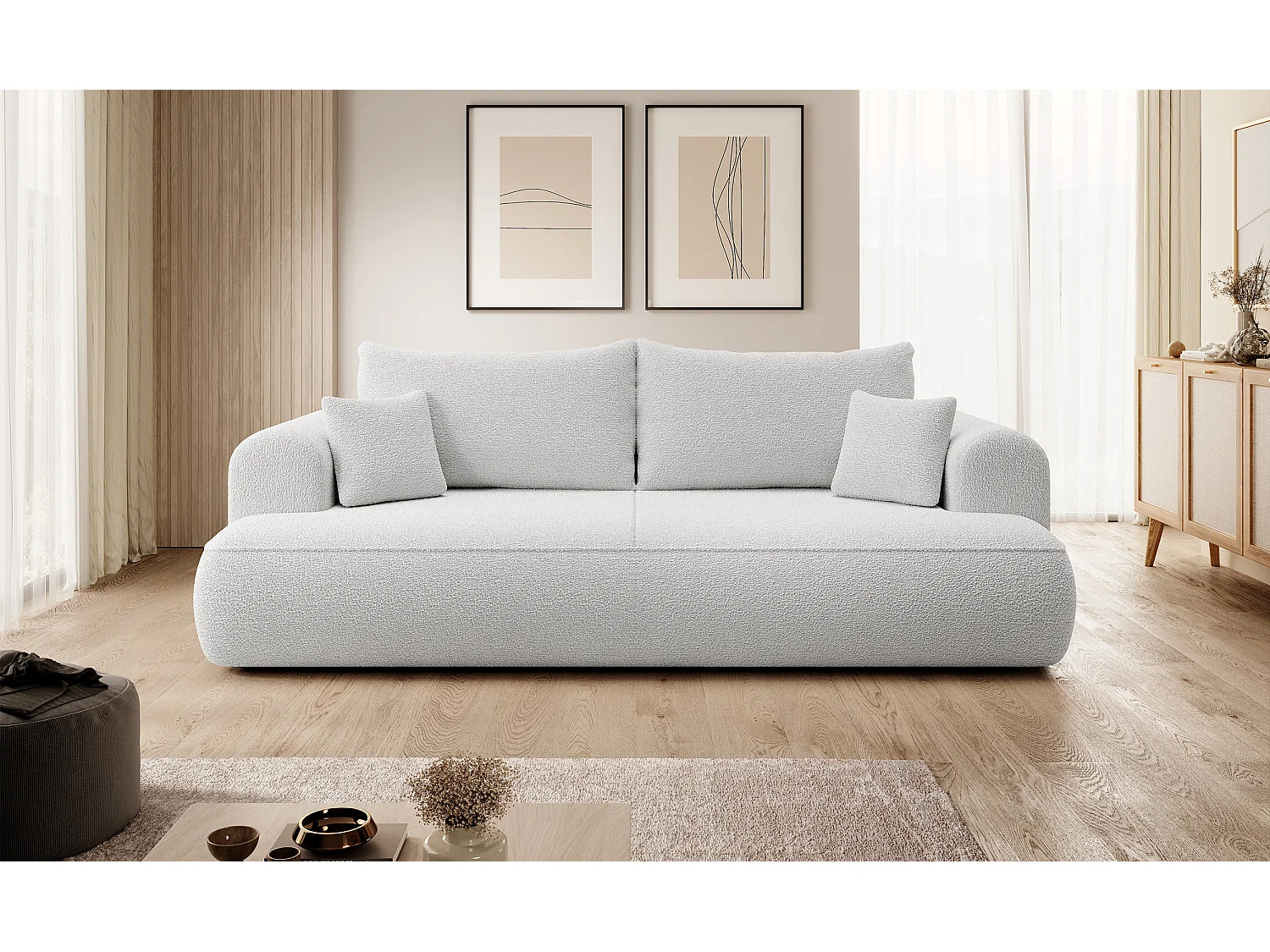 3-Sitzer-Sofa mit Schlaffunktion - Boucle-Bezug in Grau - OVO