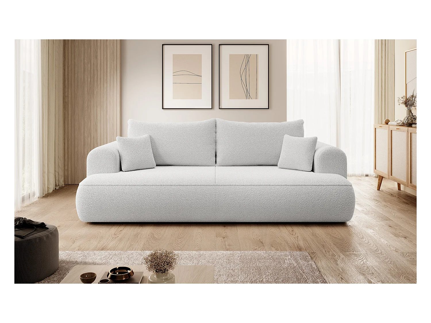 Canapé convertible - 3 places - avec coffre - gris boucle - OVO