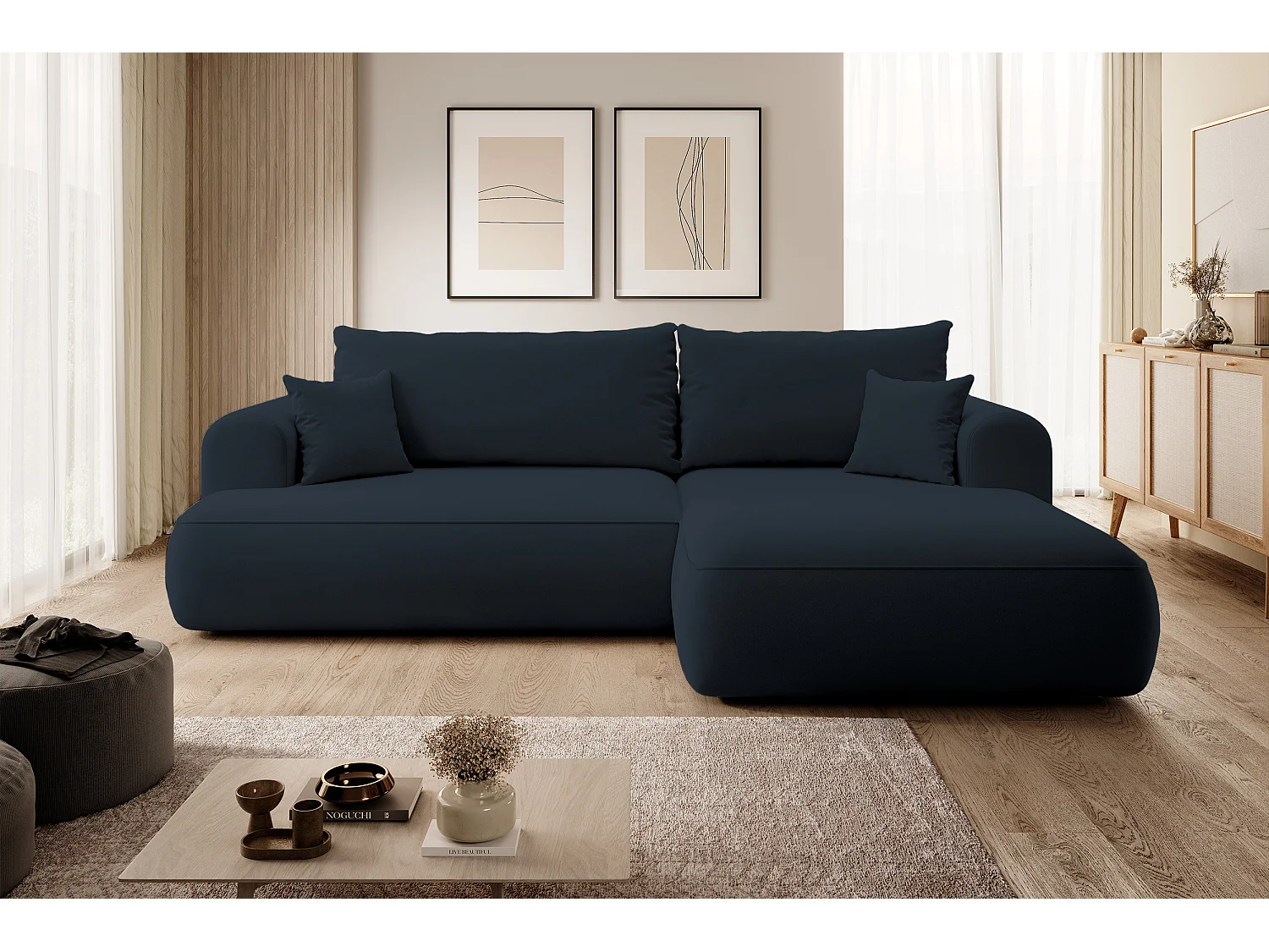 Canapé d'angle - 260 cm - avec fonction de couchage en forme de L - avec coffre - blue marin velours - côté droit - OVO