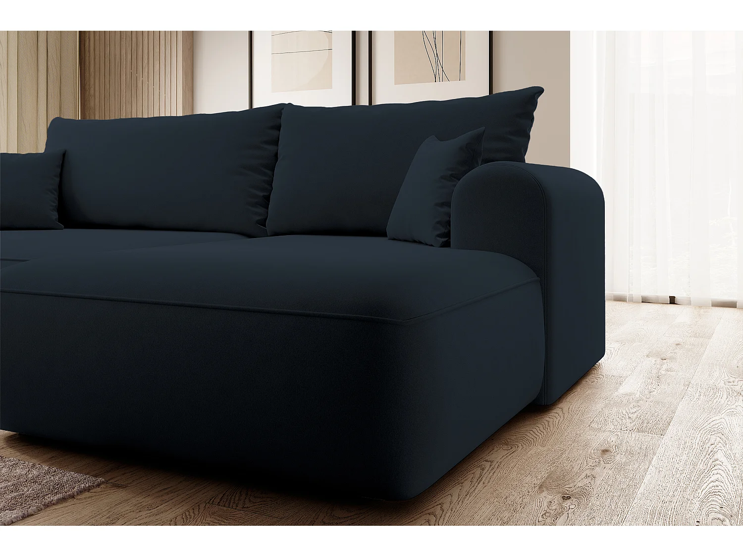 Canapé d'angle - 260 cm - avec fonction de couchage en forme de L - avec coffre - blue marin velours - côté droit - OVO