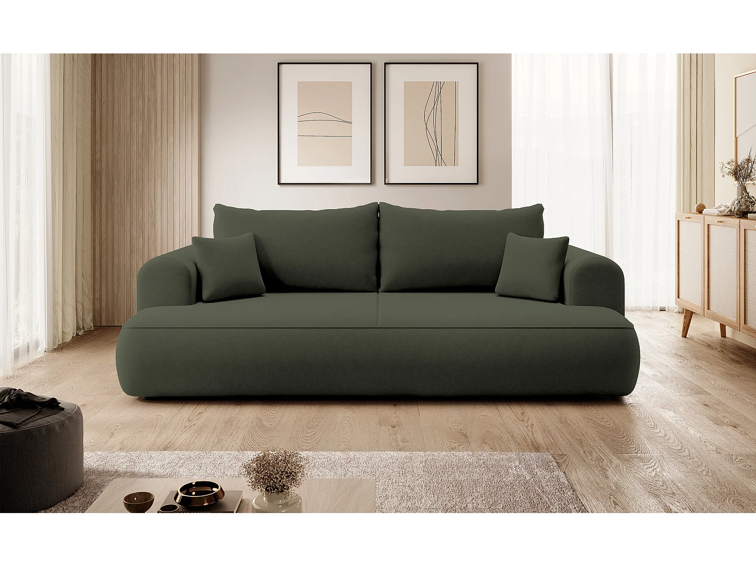 3-Sitzer-Sofa mit Schlaffunktion - Easy-Clean-Veloursbezug in Olivgrün - OVO