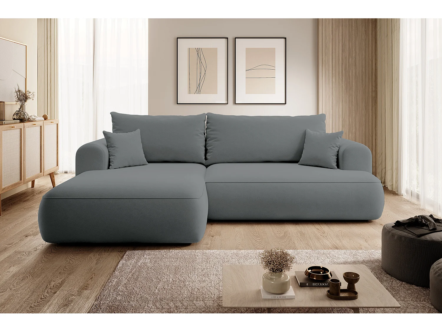 Ecksofa mit Schlaffunktion - Bettkasten - Ottomane links - Easy-Clean-Veloursbezug in Dunkelgrau - OVO