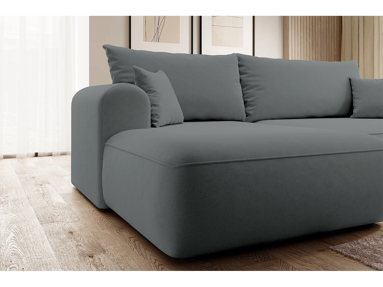 Ecksofa mit Schlaffunktion - Bettkasten - Ottomane links - Easy-Clean-Veloursbezug in Dunkelgrau - OVO