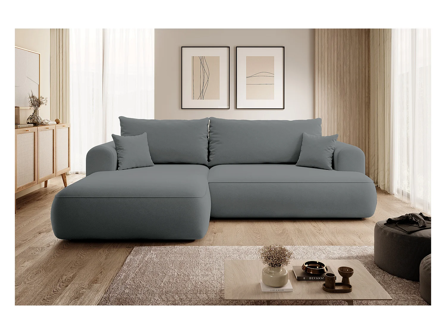 Canapé d'angle - 260 cm - avec fonction de couchage en forme de L - avec coffre - gris foncé velours - côté gauche - OVO