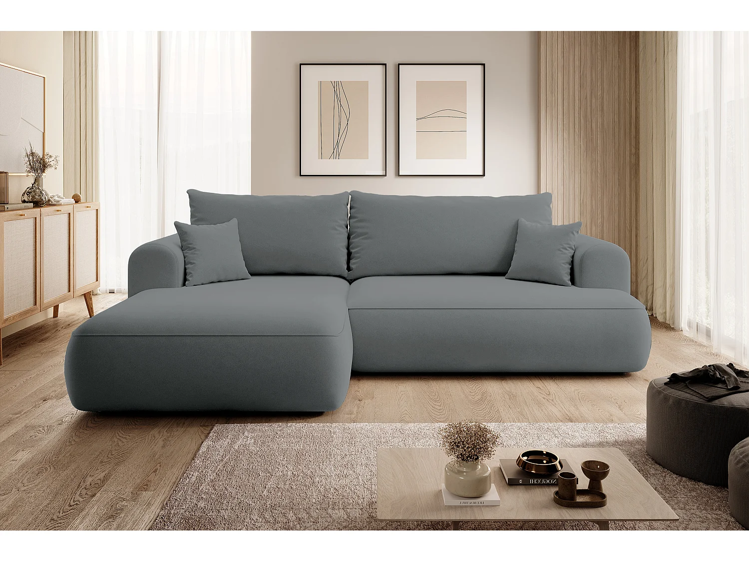 Canapé d'angle - 260 cm - avec fonction de couchage en forme de L - avec coffre - gris foncé velours - côté gauche - OVO