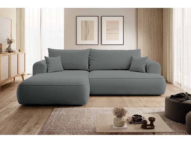 Ecksofa mit Schlaffunktion - Bettkasten - Ottomane links - Easy-Clean-Veloursbezug in Dunkelgrau - OVO