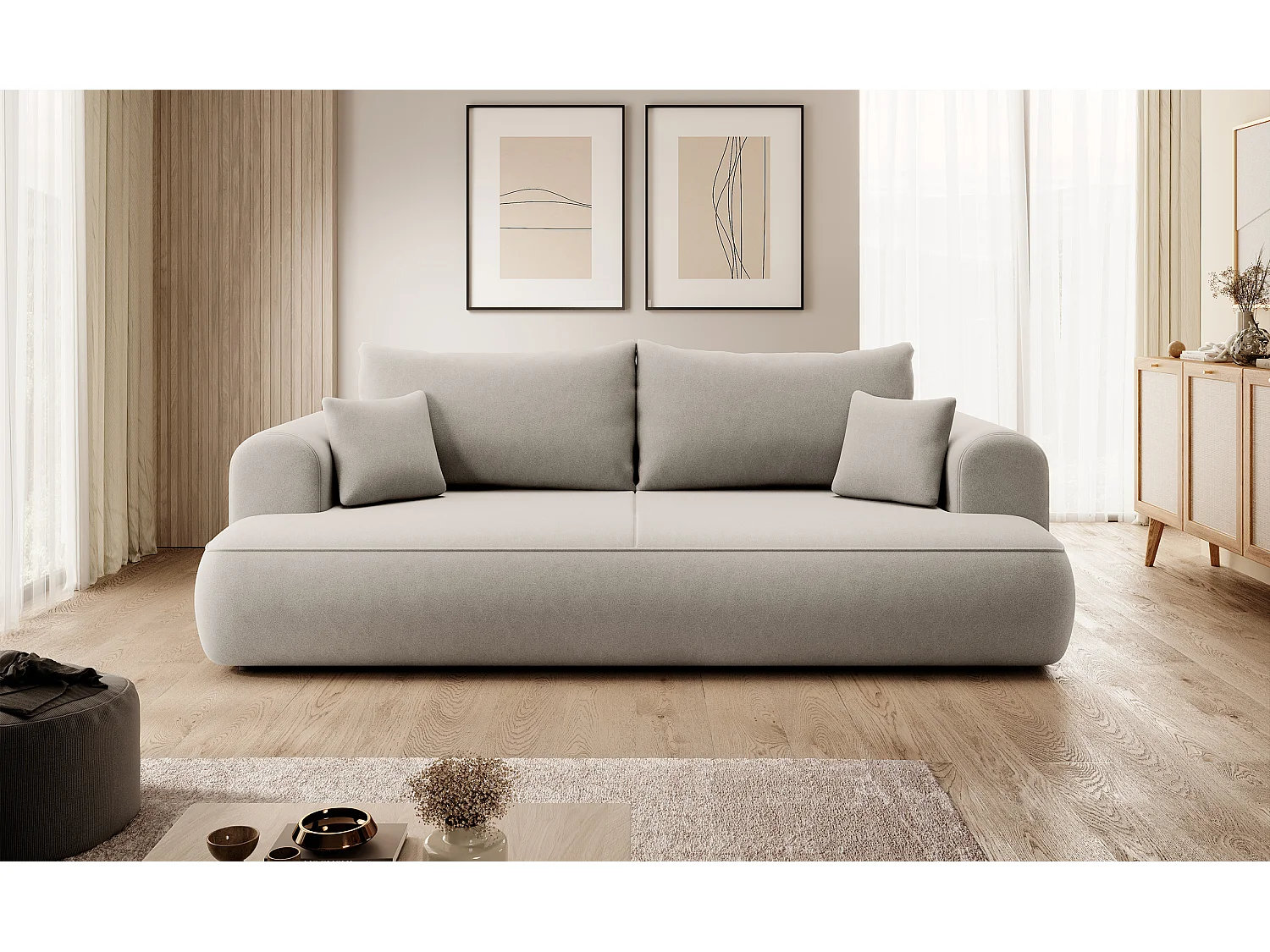 Canapé convertible - 3 places - avec coffre - crème velours - OVO