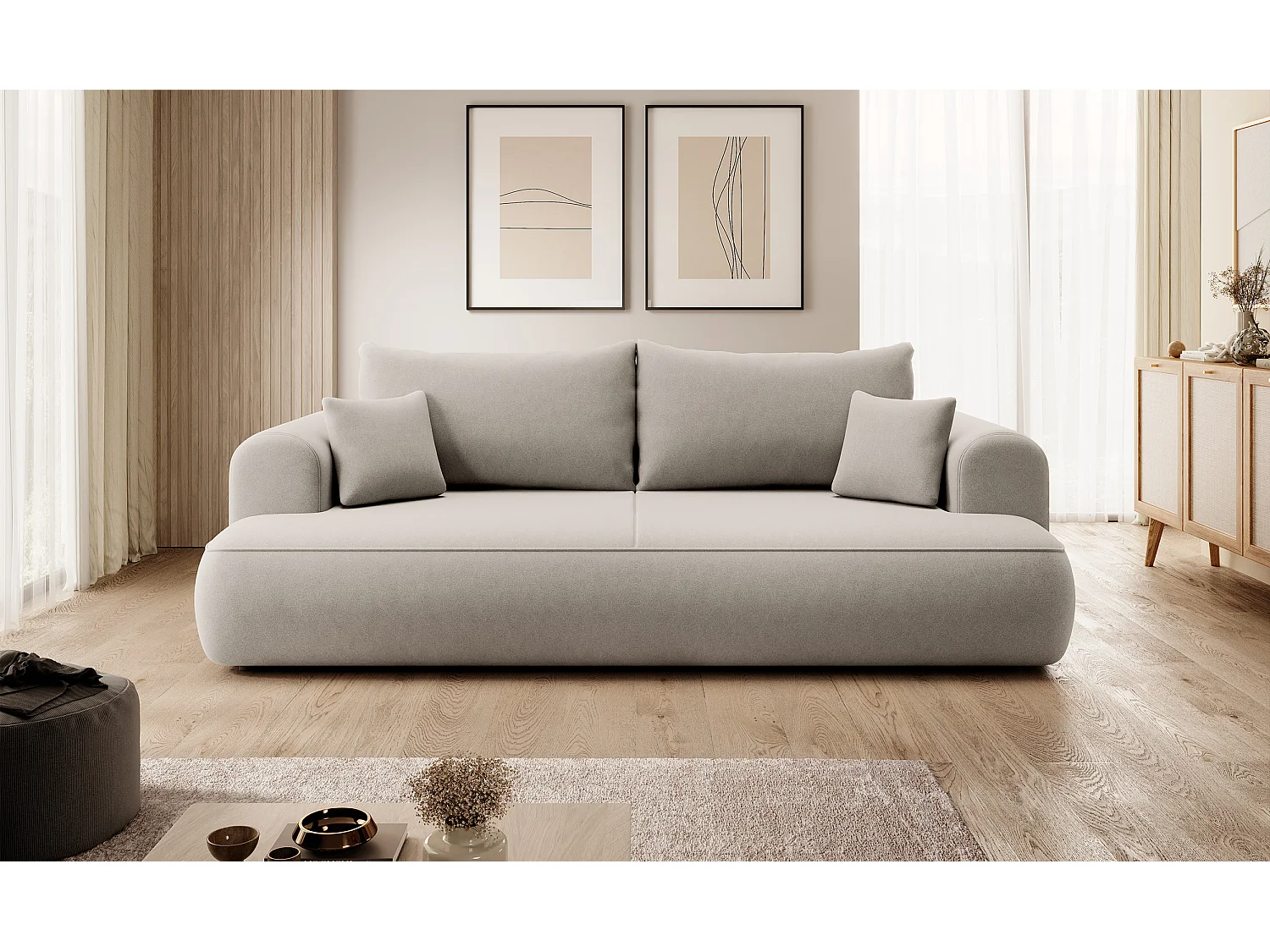 Canapé convertible - 3 places - avec coffre - crème velours - OVO