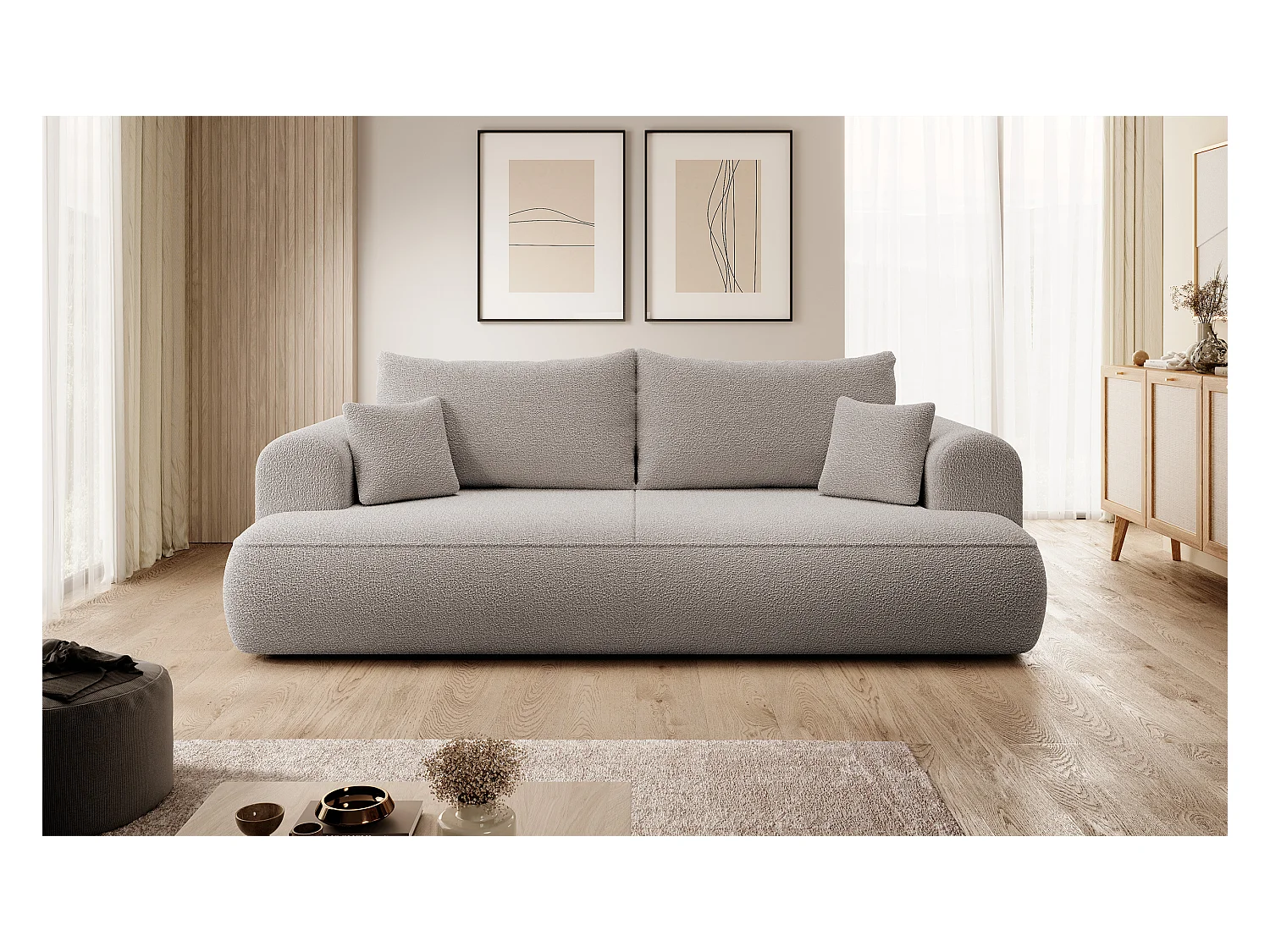 Canapé convertible - 3 places - avec coffre - beige foncé boucle - OVO