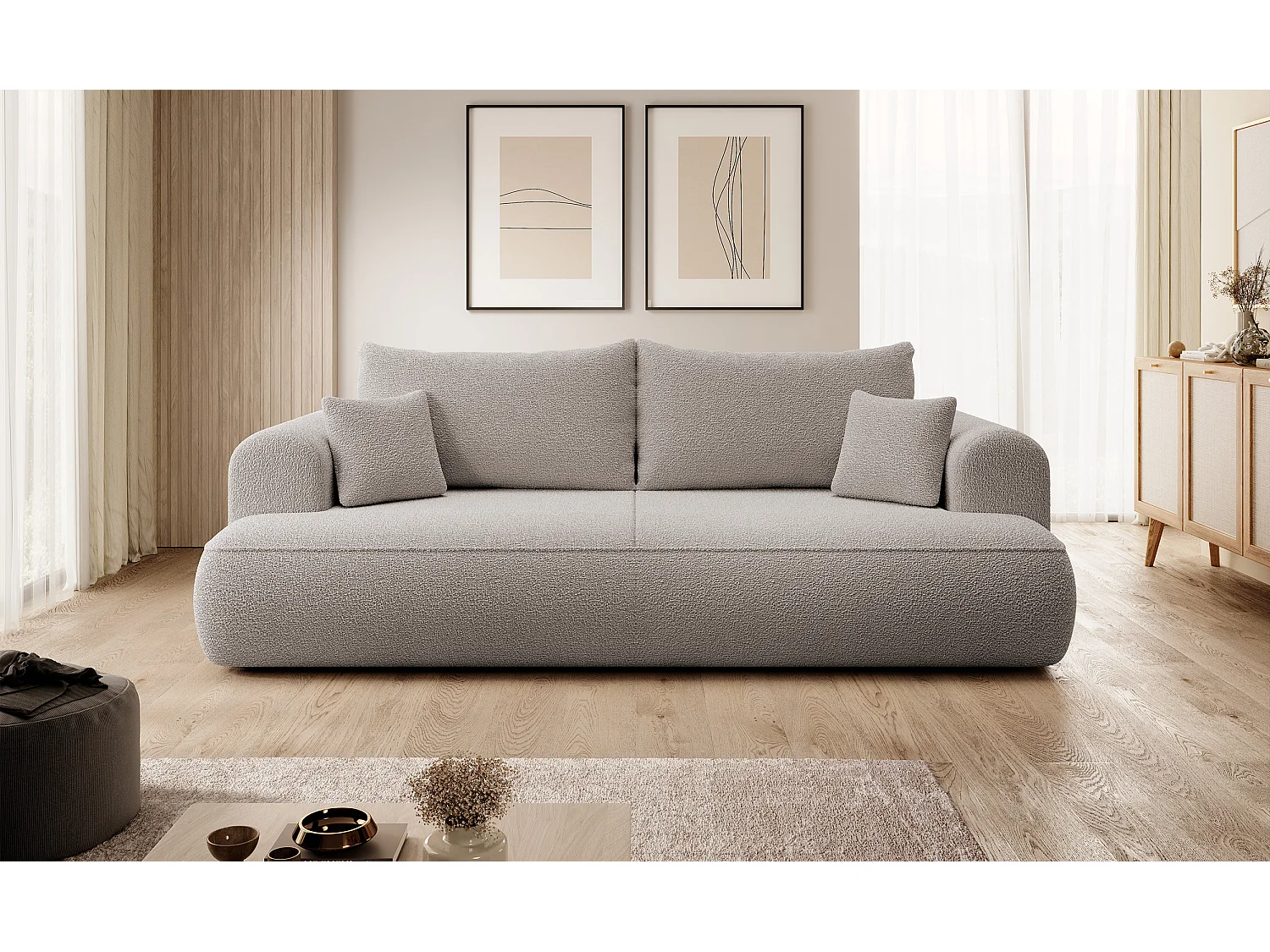 3-Sitzer-Sofa mit Schlaffunktion - Boucle-Bezug in Dunkelbeige - OVO