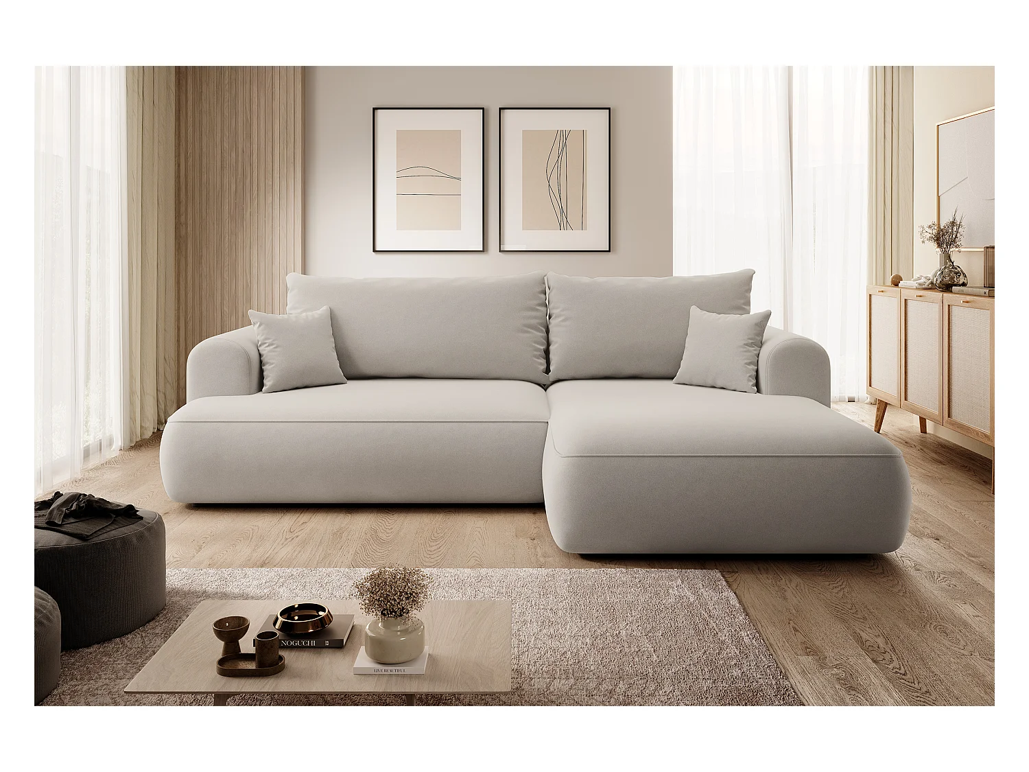 Canapé d'angle - 260 cm - avec fonction de couchage en forme de L - avec coffre - beige clair velours - côté droit - OVO