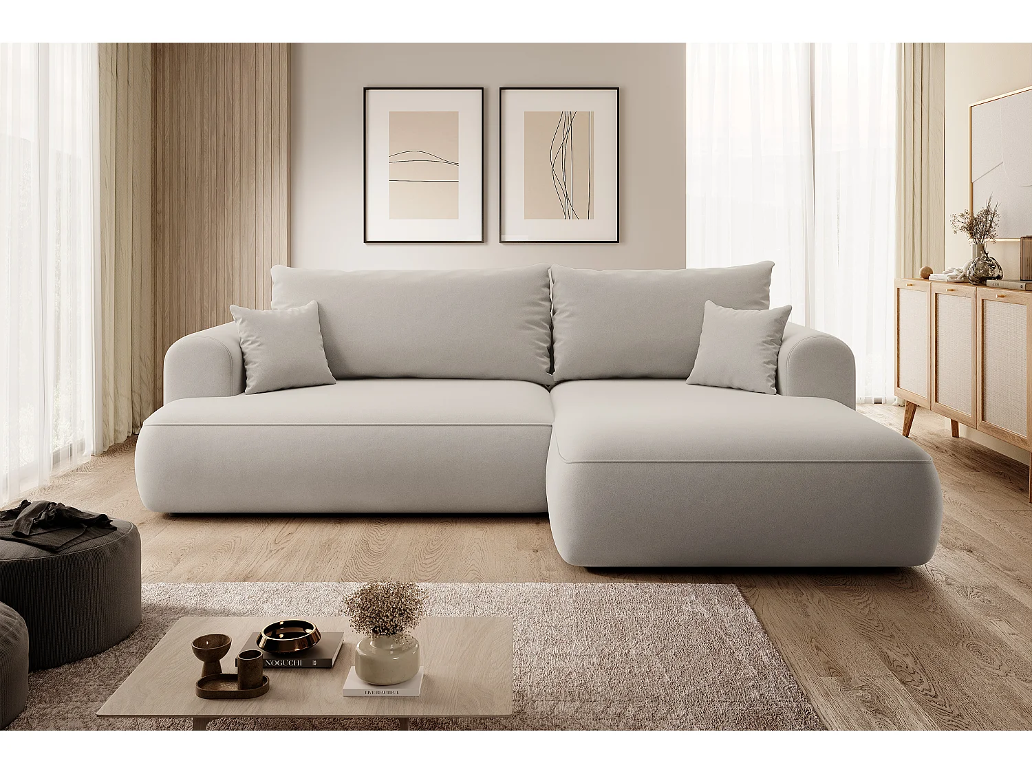 Ecksofa mit Schlaffunktion - Bettkasten - Ottomane rechts - Easy-Clean-Veloursbezug in Hellbeige - OVO