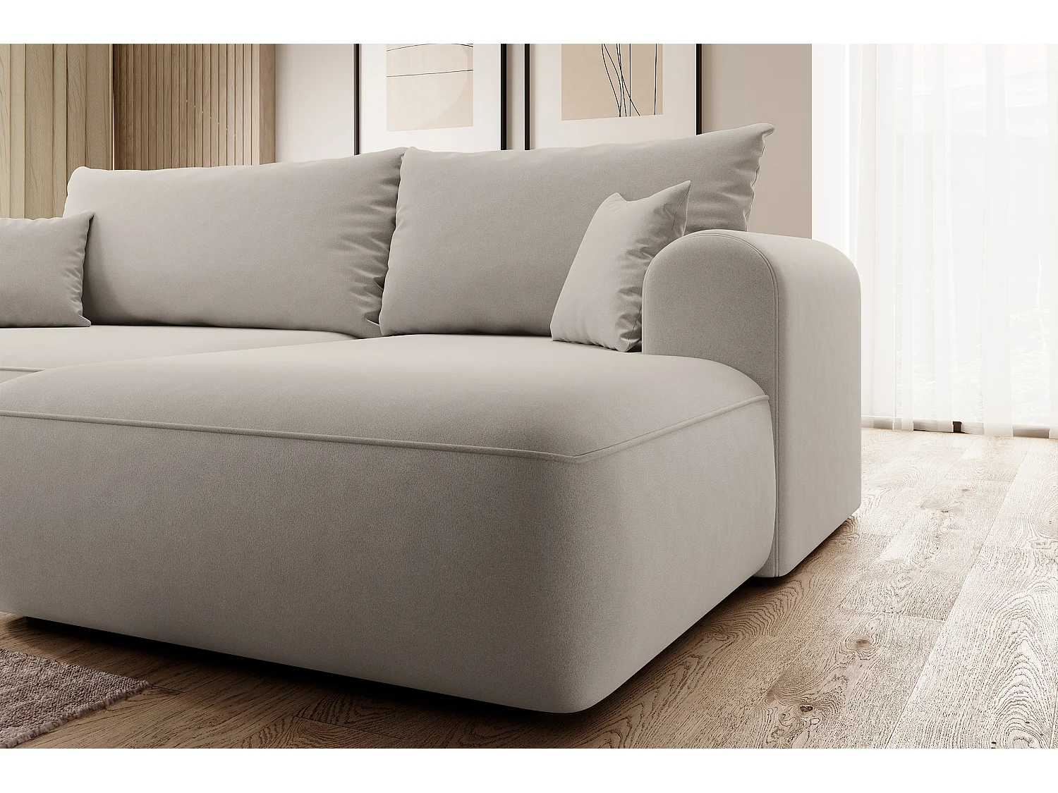 Ecksofa mit Schlaffunktion - Bettkasten - Ottomane rechts - Easy-Clean-Veloursbezug in Hellbeige - OVO