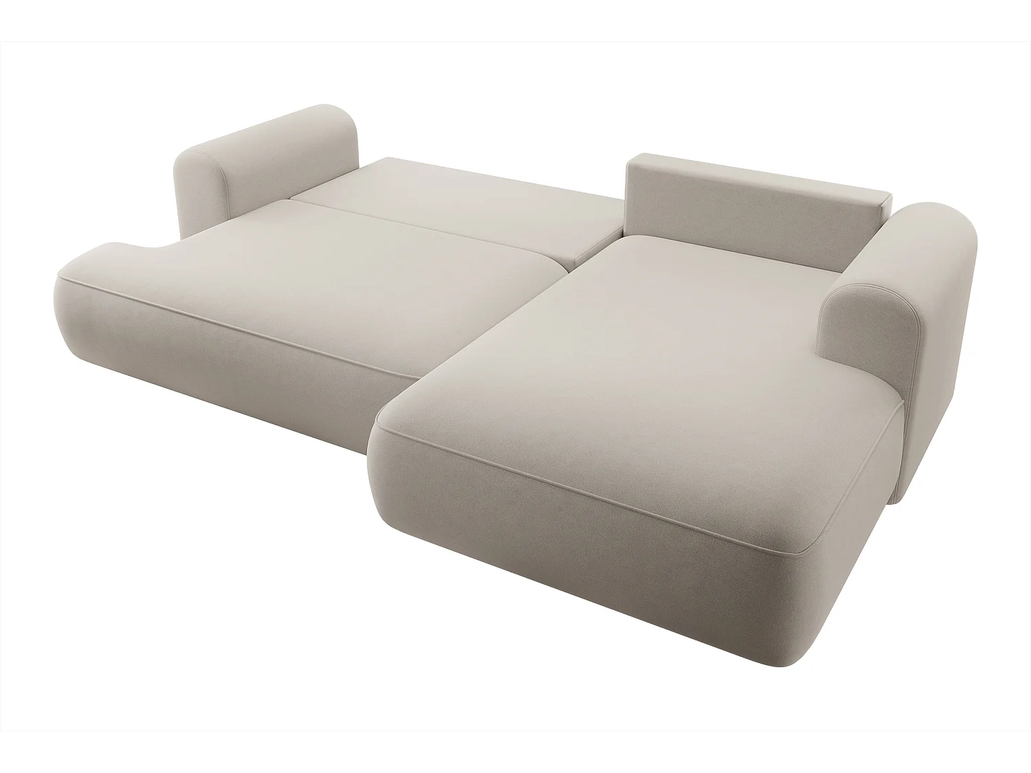 Ecksofa mit Schlaffunktion - Bettkasten - Ottomane rechts - Easy-Clean-Veloursbezug in Hellbeige - OVO