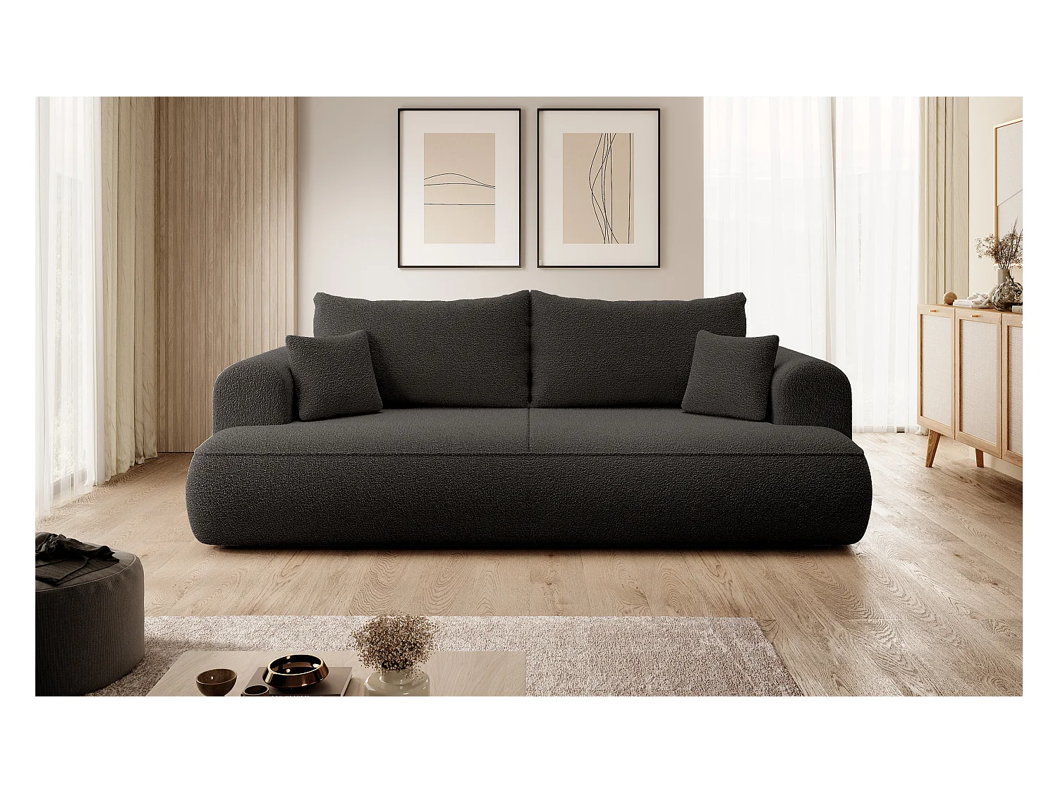 Canapé convertible - 3 places - avec coffre - gris foncé boucle - OVO