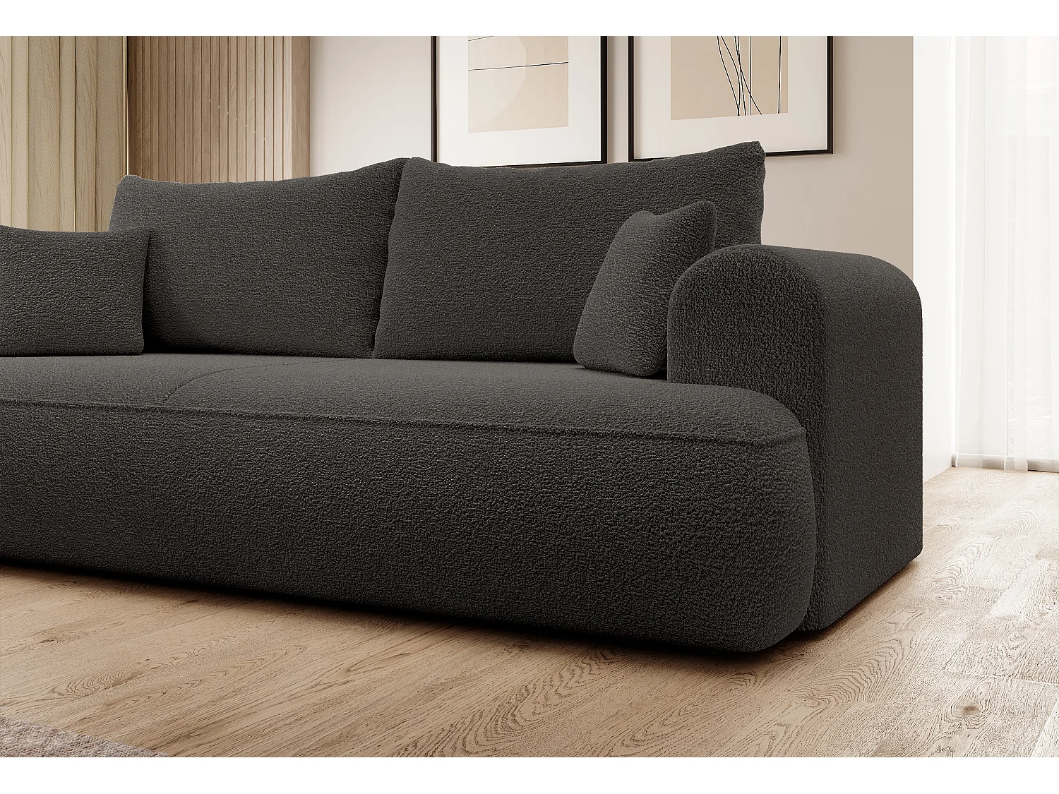 Canapé convertible - 3 places - avec coffre - gris foncé boucle - OVO