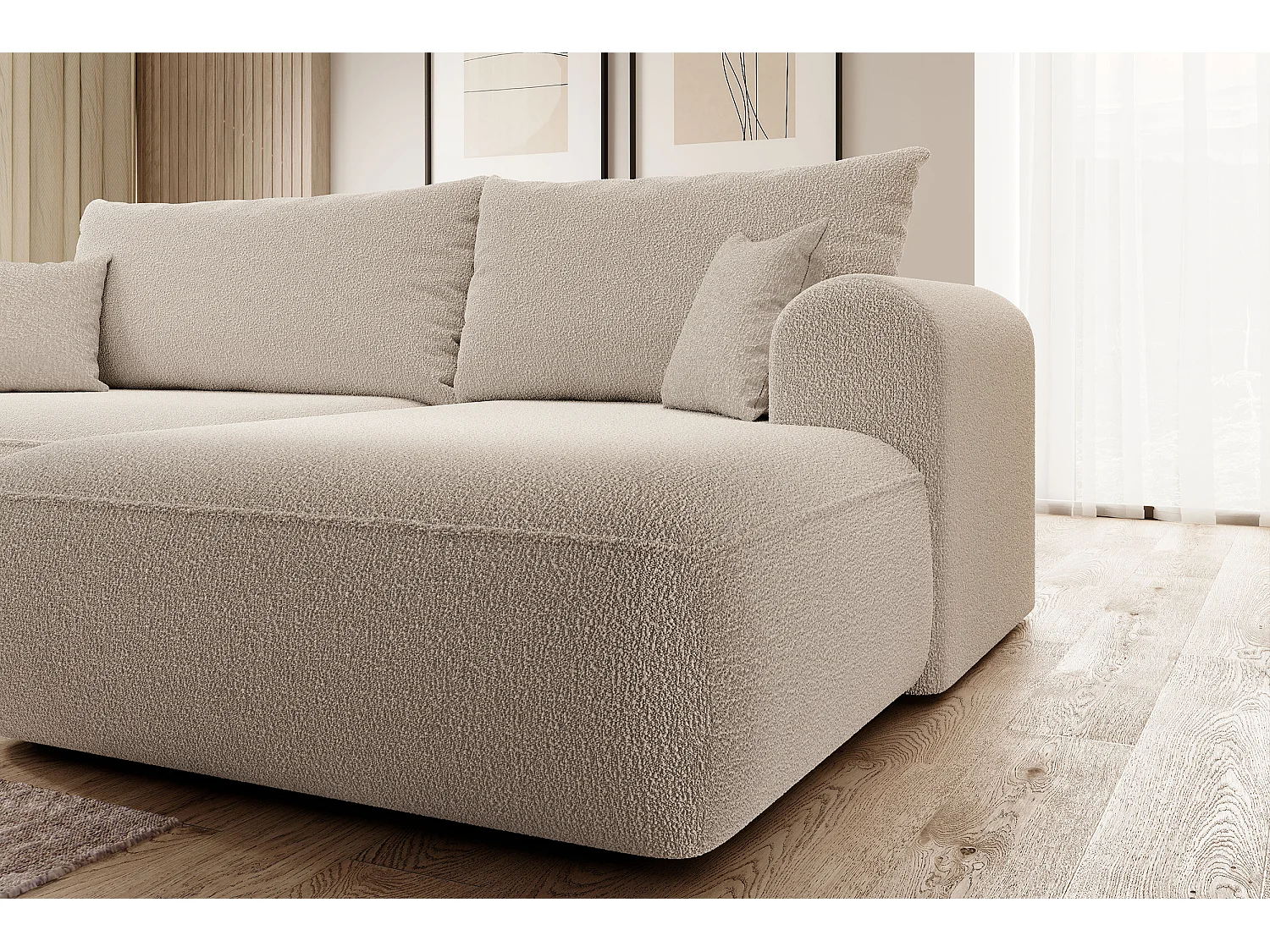 Canapé d'angle - 260 cm - avec fonction de couchage en forme de L - avec coffre - beige boucle - côté droit - OVO