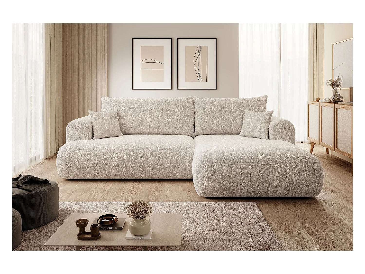 Canapé d'angle - 260 cm - avec fonction de couchage en forme de L - avec coffre - beige boucle - côté droit - OVO