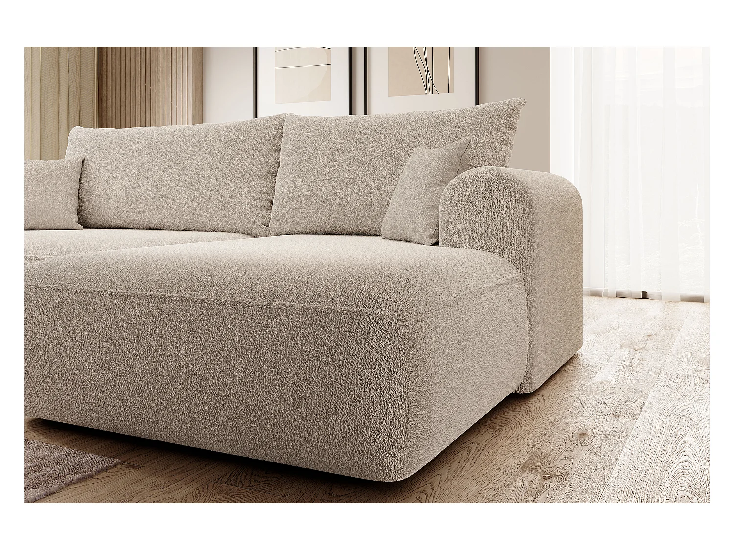 Ecksofa mit Schlaffunktion - Bettkasten - Ottomane rechts - Boucle-Bezug in Beige - OVO