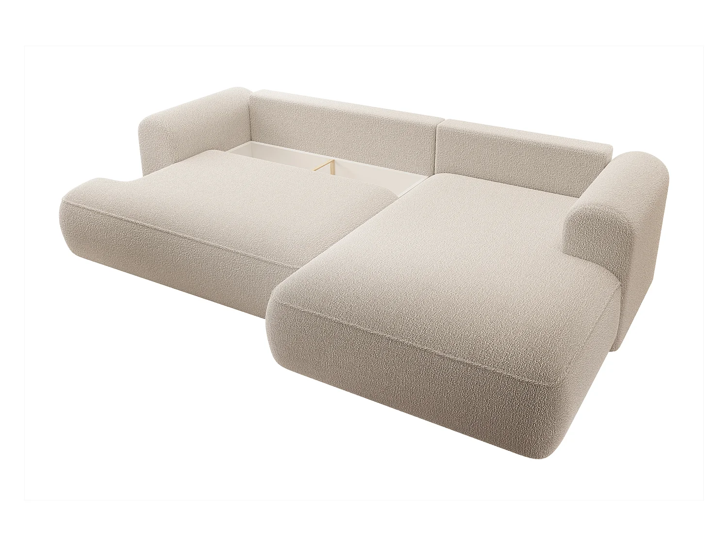 Ecksofa mit Schlaffunktion - Bettkasten - Ottomane rechts - Boucle-Bezug in Beige - OVO
