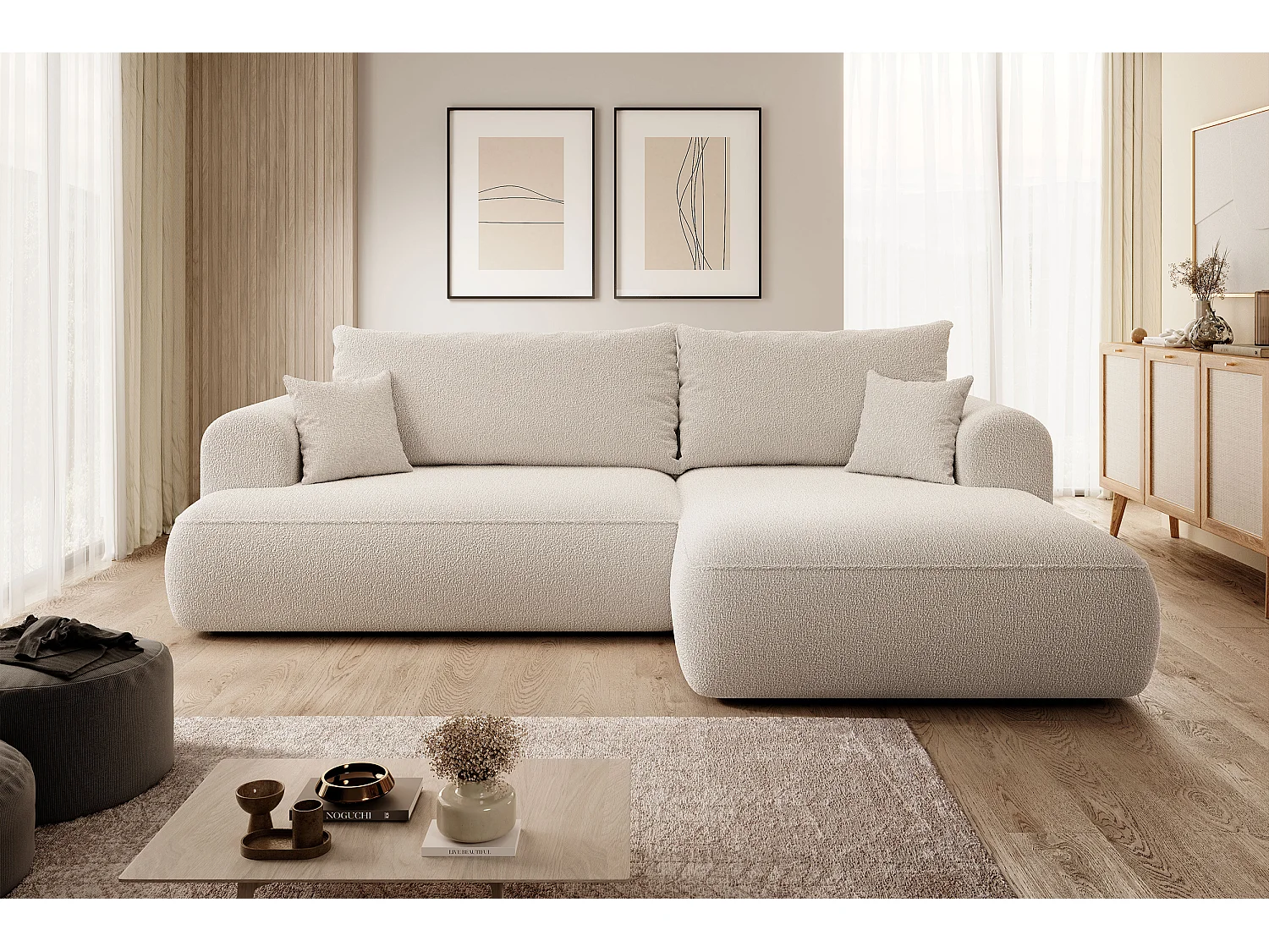 Hoekbank - 260 cm - met L-vormige slaapfunctie - met opbergruimte - beige boucle - rechterkant - OVO