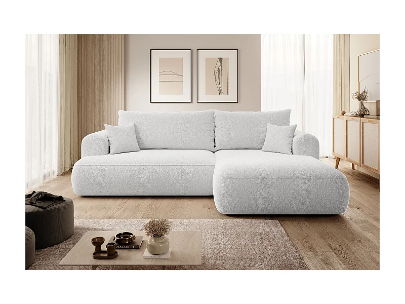 Ecksofa mit Schlaffunktion - Bettkasten - Ottomane rechts - Boucle-Bezug in Grau - OVO