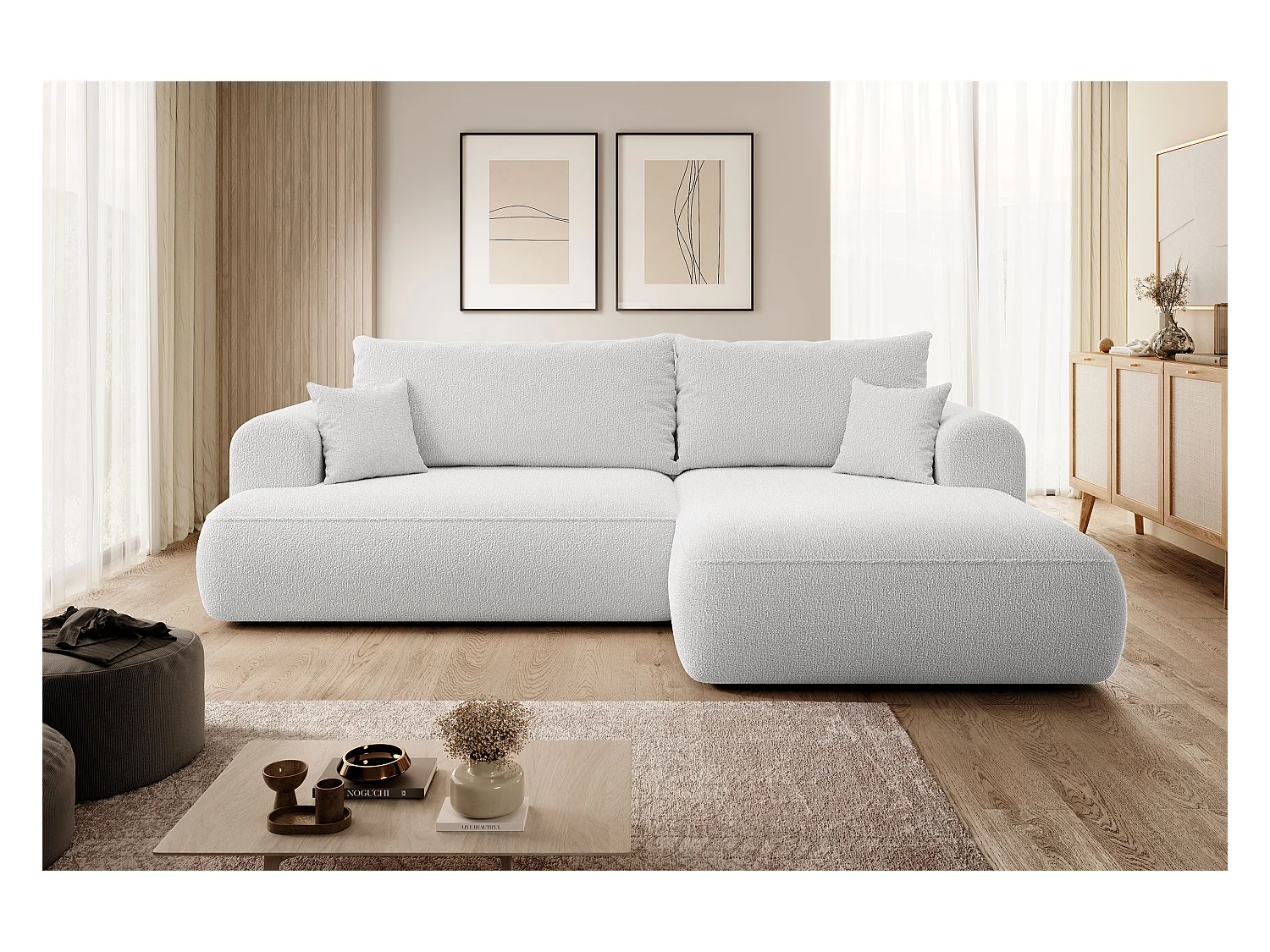 Canapé d'angle - 260 cm - avec fonction de couchage en forme de L - avec coffre - gris boucle - côté droit - OVO