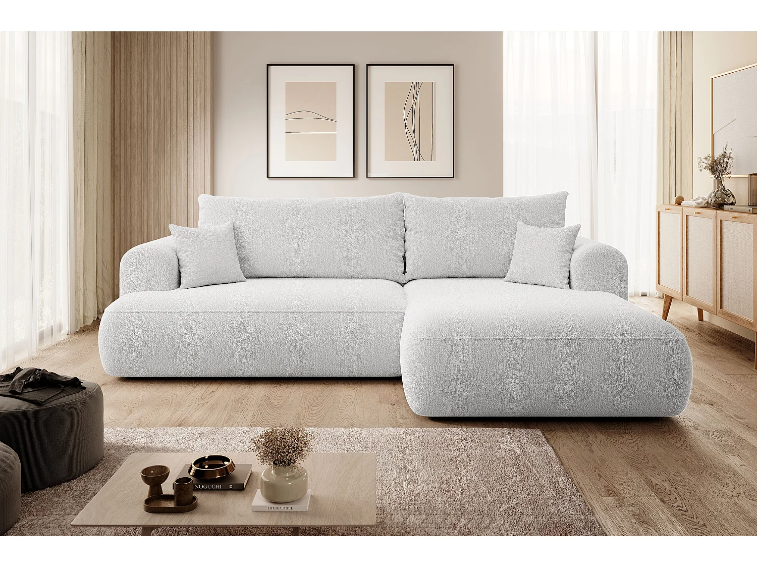 Ecksofa mit Schlaffunktion - Bettkasten - Ottomane rechts - Boucle-Bezug in Grau - OVO