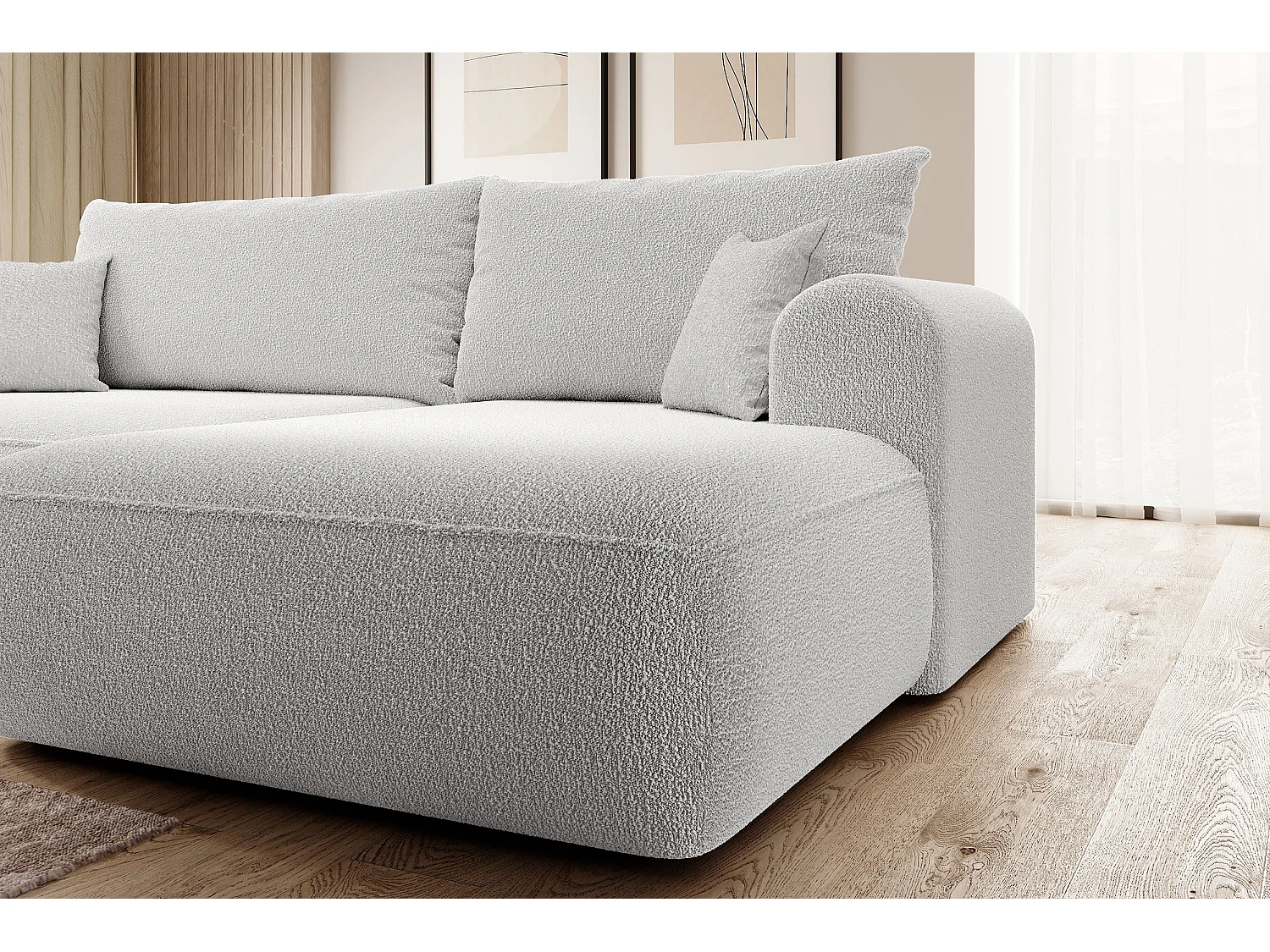 Ecksofa mit Schlaffunktion - Bettkasten - Ottomane rechts - Boucle-Bezug in Grau - OVO