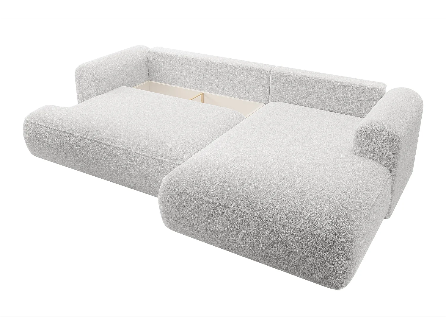 Ecksofa mit Schlaffunktion - Bettkasten - Ottomane rechts - Boucle-Bezug in Grau - OVO
