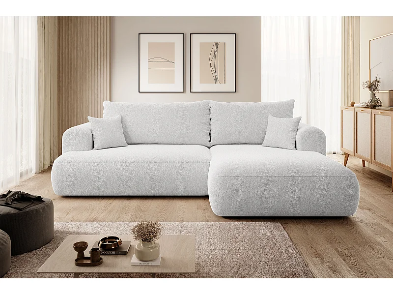 Ecksofa mit Schlaffunktion - Bettkasten - Ottomane rechts - Boucle-Bezug in Grau - OVO