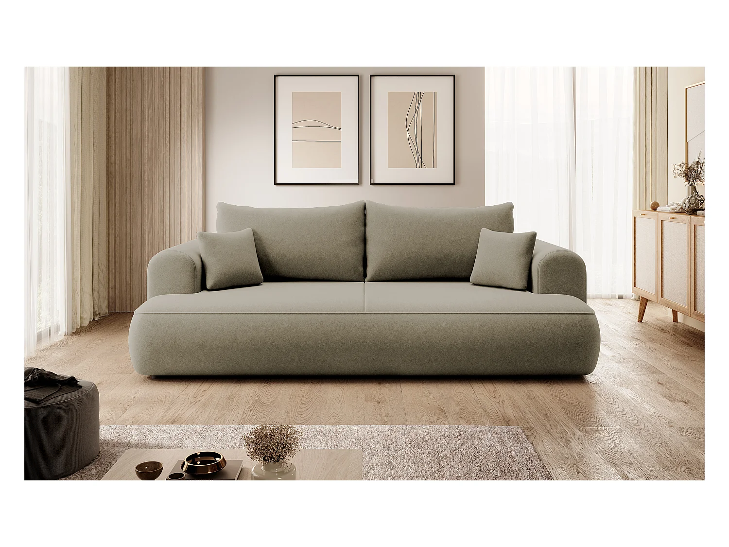 Canapé convertible - 3 places - avec coffre - beige velours - OVO
