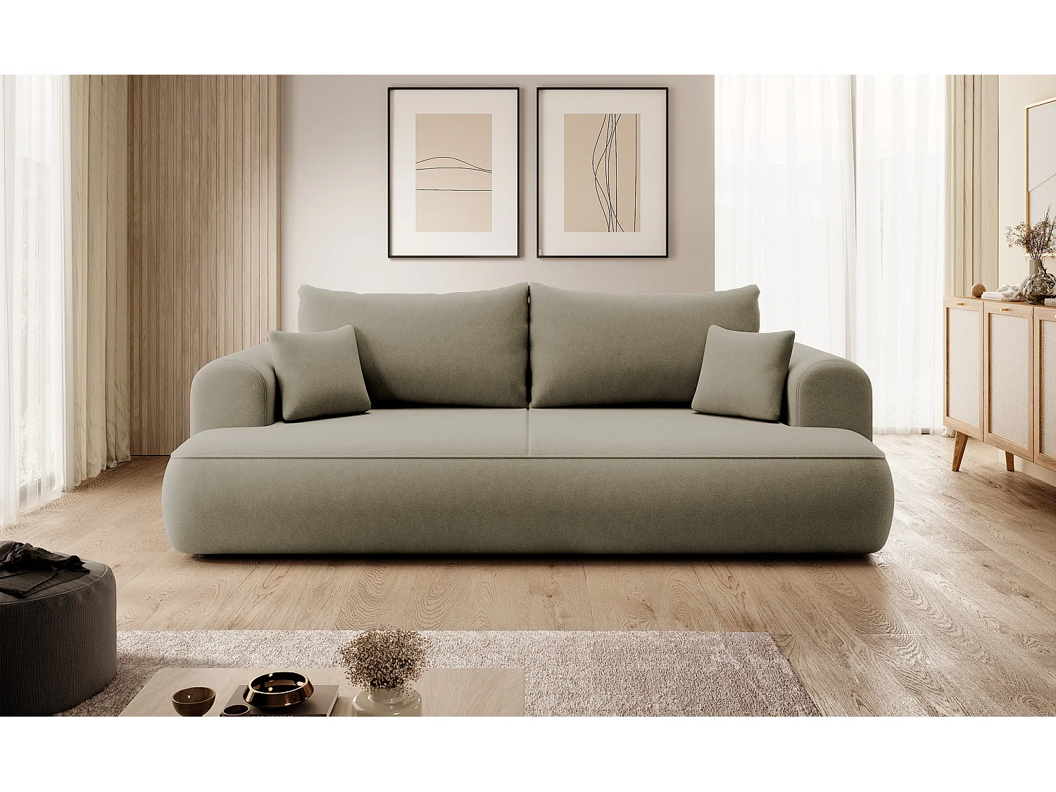 Canapé convertible - 3 places - avec coffre - beige velours - OVO